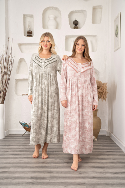 CT MODA قميص نوم نسائي شتوي منقوش باللون الكاكي مقاس كبير (كبير) بأكمام طويلة...