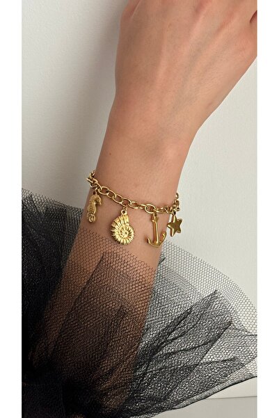 Çelik Gold Renk Deniz Atı Çapa Salyangoz Figürlü Yaz Tasarım Çelik Bileklik