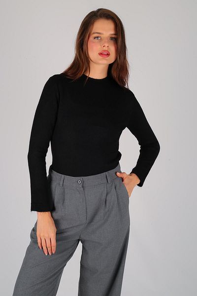 FACETTE Pulover de bază cu mânecă lungă, negru, cu nervuri groase