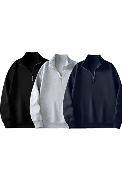 MARECASH 3 Lü dik yakalı fermuarlı oversize unisex sweatshirt siyah gri lacivert