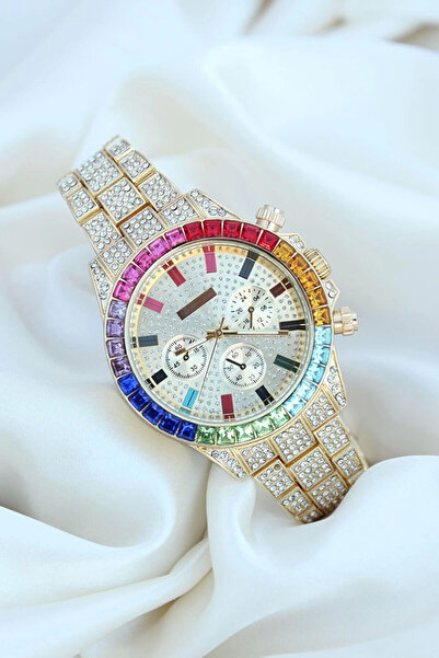 CT STONES Clariss Gold Metal Cord Zircon Stone Plated Colorful Stone Case Designed Luxury Women's Wristwatch