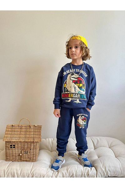 endudu Boy's Dinosaur Patterned Winter 3 Thread Cotton Sweatshirt Tracksuit Top and Bottom Oversize Set