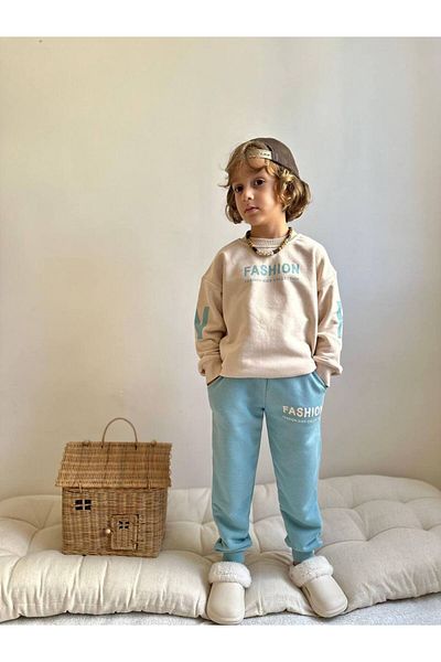 endudu Boy's Back Printed Winter 3 Thread Cotton Sweatshirt Tracksuit Top and Bottom Oversize Set