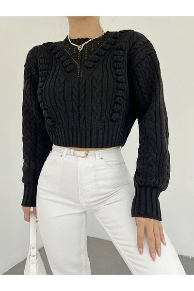 Modamorfo Embossed Patterned Openwork Knitwear Sweater - Black