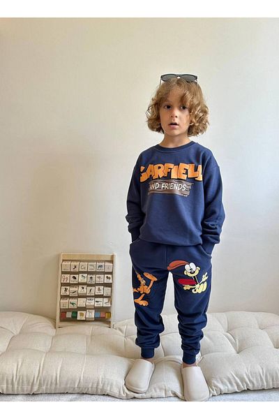 endudu Boy's Garfield Patterned Oversize Sweatshirt and Tracksuit Set - 3 Thread Cotton