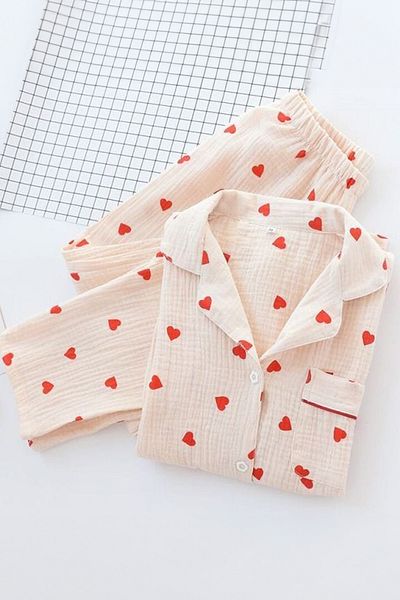 PEMBİŞ HOMEWEAR Beatiful Crinkle Red on Pink Knitted Special Fabric Pajama Set
