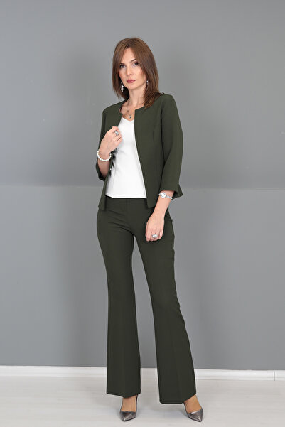 ÖNDER ÖZSOY Sıfır Yaka Düz Kısa Ceket & Bol Paça Pantolon Takım-Haki