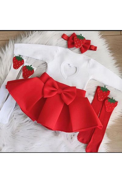 Kokosh kidss Girl's Long-Sleeved Red Skirt Strawberry Set
