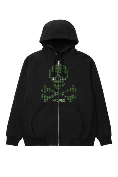 Genel Markalar Y2K Hacked Baskılı Oversize Fermuarlı Siyah Unisex Kapüşonlu Hırka
