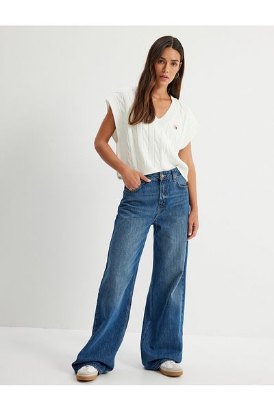 Koton V-Neck Embroidered Oversize Knitted Sweater