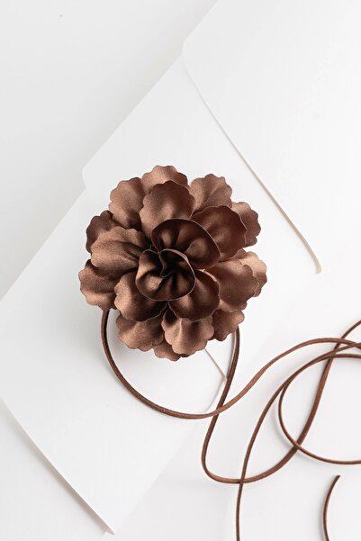 LOGO AKSESUAR Çiçek Choker Kolye Saten Kahverengi Yonca Tasarım (120cm)