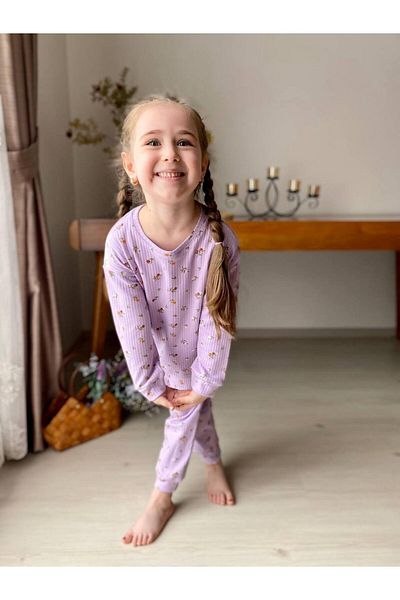CANDA Girl's Floral Patterned Ribbed Pajamas Set