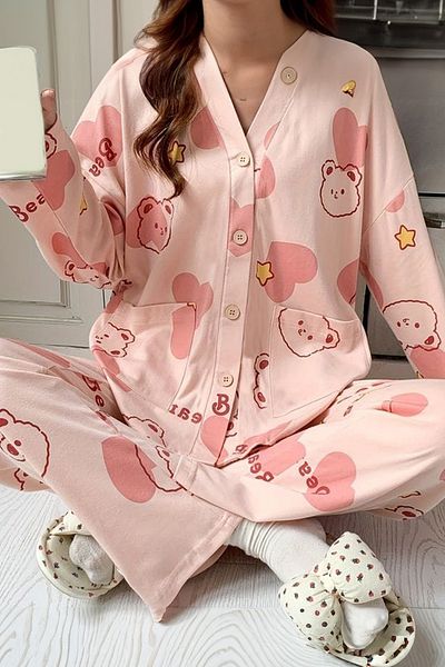 PEMBİŞ HOMEWEAR Beatiful Crinkle Pink Bear Knitted Special Fabric Pajama Set