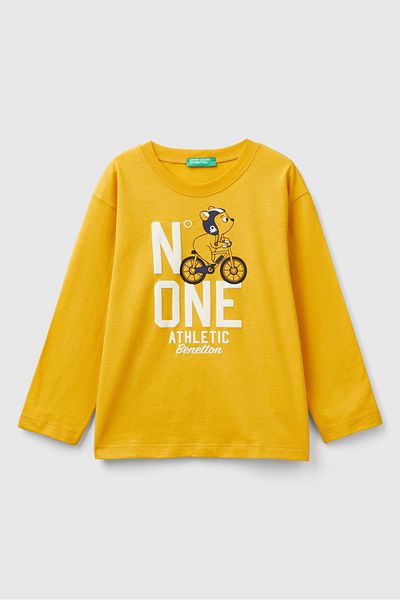 Benetton تي شيرت للأولاد برقبة دائرية وأكمام طويلة - أصفر