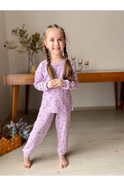 CANDA Girl's Floral Patterned Ribbed Pajamas Set
