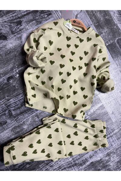 CANDA Girl's Heart Patterned Ribbed Pajamas Set