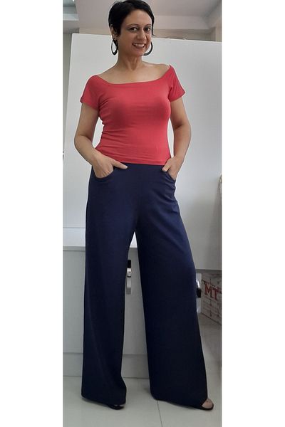 Mertcan Butik Navy Blue Steel Knitted Winter Lightweight Wide-Leg Pants with Elastic Waistband Pockets