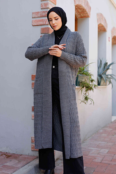 Pamuk Butik Women's Chain Knitted Shawl Collar Pocket Knitwear Cardigan