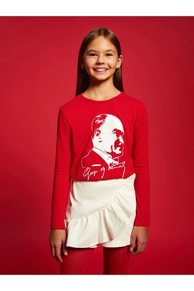 LC Waikiki Lcw Kids Red Crew Neck Ataturk Printed Girl's T-Shirt