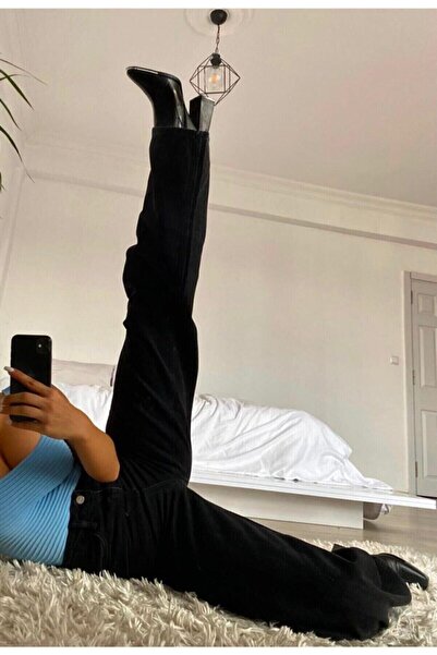 Livik Alessia Likralı Kadın Siyah Süper Yüksek Bel Salaş Paça Denim Kot Palazzo Pantolon