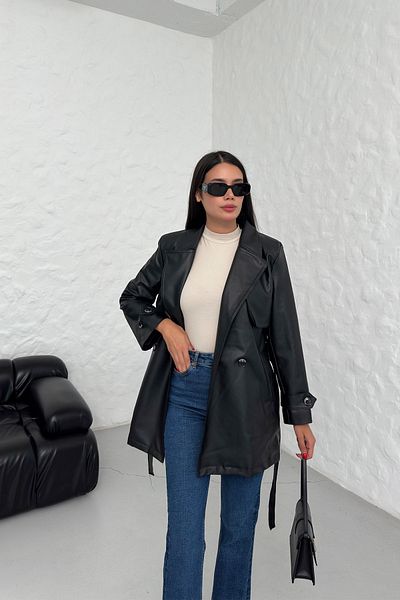 LACHT Trenci din piele ENT pentru femei, negru, cu rever dublu, cu buzunare duble
