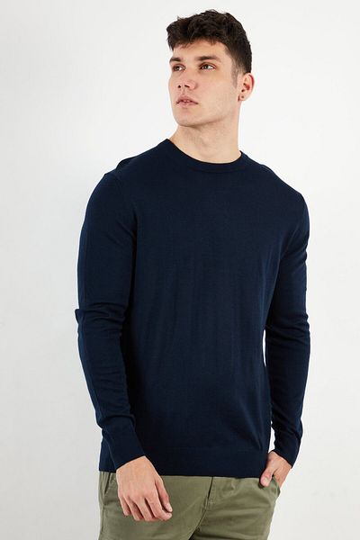 Tchibo Men Crew Neck Ribbed Long Sleeve Sweatshirt, Navy Blue