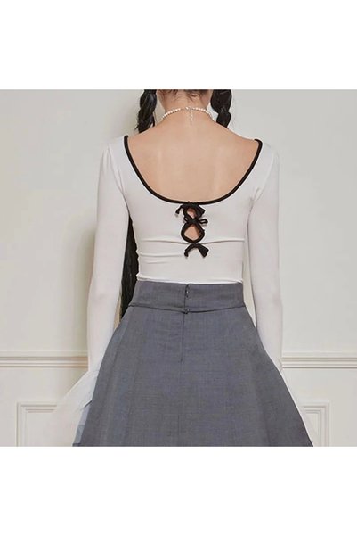 DarkellaStore Bluză crop cu dantelă în spate, cu detaliu de fundă roz Lolita Y2K Harajuku