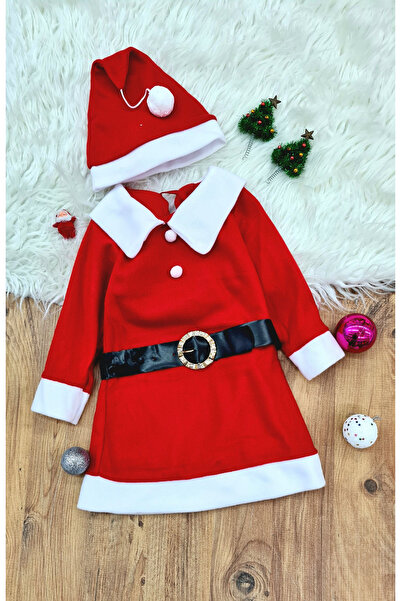 Genel Markalar Kız Çocuk Noel Anne Yılbaşı Kostümü Etekli Şapkalı Elbise Yılbaşı Noel Baba Kostümü