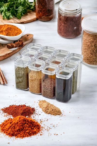Turkco 12 Pieces 300 ml Transparent Acrylic Vacuum Spice Storage Container Set