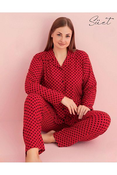 PİJAMERRY Pijamerry Women's Large Size Shirt Collar Suede Long Sleeve Pajama Set 5267- 1 Piece