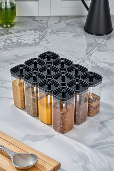 Turkco طقم توابل كريستال شفاف - حامل ملعقة عملي، حجم 250 مل، 12 قطعة