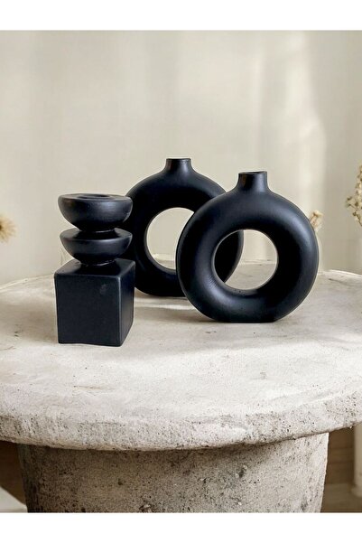 Porselian Set de 3 vaze și suporturi pentru lumânări din ceramică neagră mini...