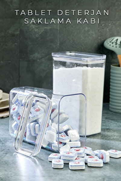 Genel Markalar Tablet Deterjan Kristal Saklama Kabı, 3000ml Hacim, Hava Geçirmez Vakum Kapaklı, Sticker Hediyeli