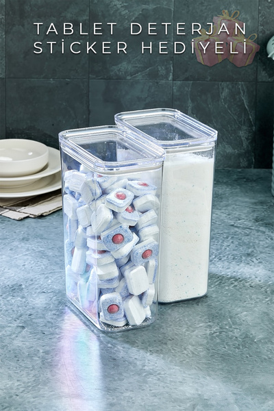 Genel Markalar Tablet Deterjan Kristal Saklama Kabı, 3000ml Hacim, Hava Geçirmez Vakum Kapaklı, Sticker Hediyeli