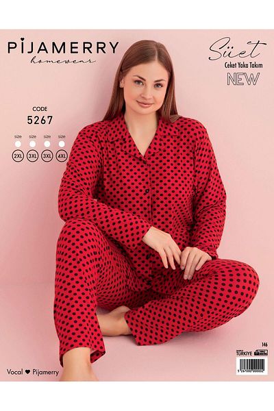 PİJAMERRY Pijamerry Women's Large Size Shirt Collar Suede Long Sleeve Pajama Set 5267- 1 Piece