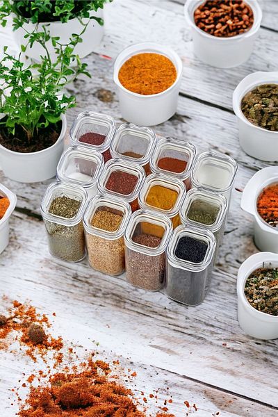 Turkco 12 Pieces 300 ml Transparent Acrylic Vacuum Spice Storage Container Set