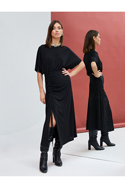 Koton Midi Elbise Bodycon Yarasa Kol Büzgülü Yırtmaçlı