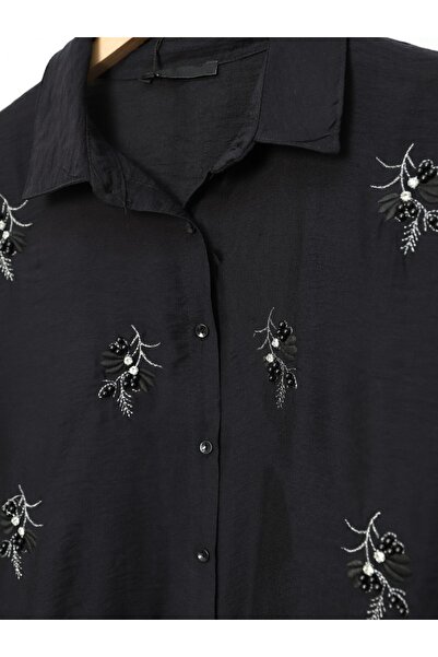 HİJABAYA Taşlı Yaprak Nakışlı Düğmeli Gömlek