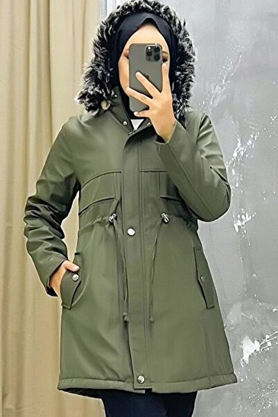 Ottawe İçi ve Kapüşonu Kürk Detay Beli İp Büzgülü Cepli Göğüs Detaylı Fermuarlı Midi Boy Sıcak Kışlık Mont
