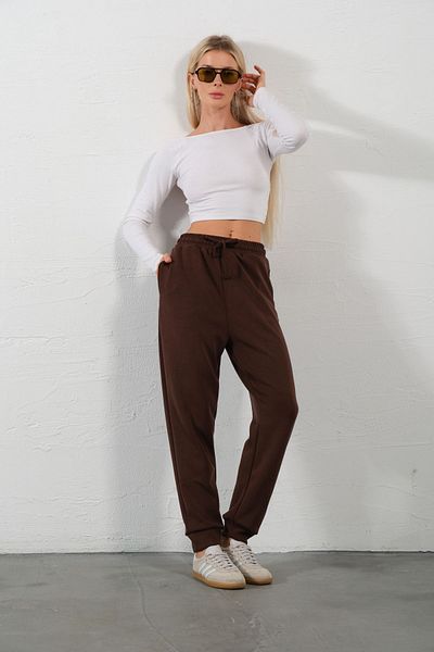 Domoda Καφέ Modal, ελαστικό κορδόνι Skinny Leg Jogger πλεκτό γυναικείο παντελόνι @pavia
