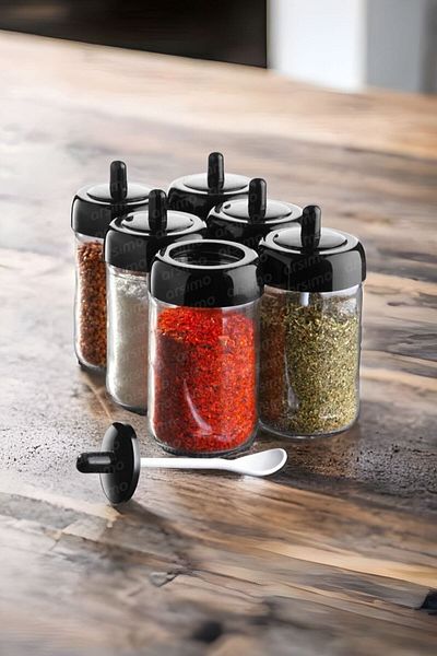 Turkco 6-Piece Spice Jar Set - Glass Material, Self-Spoon