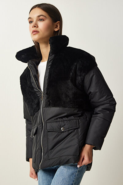 Lovelyİstanbul Palton negru din puf - guler de blană, LDD0042