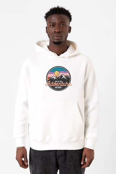 Tshirthane Και έτσι η περιπέτεια ξεκινάει Λευκό ανδρικό φούτερ με κουκούλα 3 ιντσών