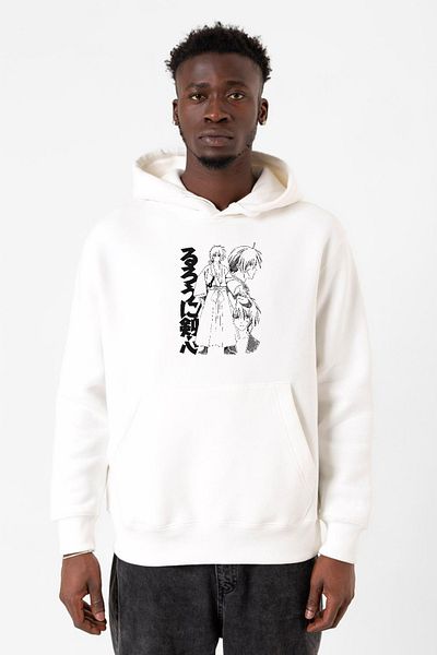Tshirthane Ανδρικό φούτερ με κουκούλα Rurouni Kenshin Black White Art White 3ip