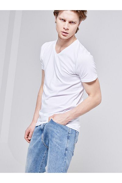 Ltb Tricou alb cu decolteu în V de bază slim fit