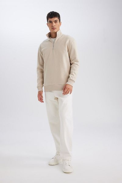 DeFacto Beigefarbenes Herren-Sweatshirt mit 3 Fäden, Baumwolle, Rosette, Fleece-Innenseite, reguläre Passform, Stehkragen, Reißverschluss, dick