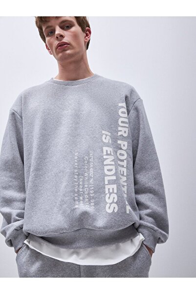 Ltb Slogan Crew Neck Long Sleeve Relaxed Fit Gray Sweatshirt