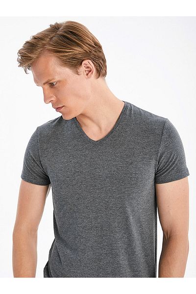 Ltb Antracitové tričko Basic Fit s výstřihem do V