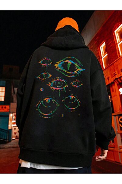 Eritqaa هودي بقلنسوة أسود كبير الحجم مطبوع عليه عين هاكر من الأمام والخلف