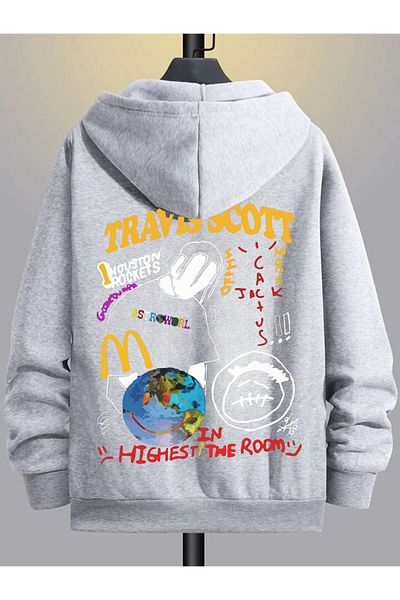 modaberry Cardigan gros Travis Scott - Cardigan supradimensionat de iarnă cu glugă și buzunare cu fermoar cu imprimeu gri